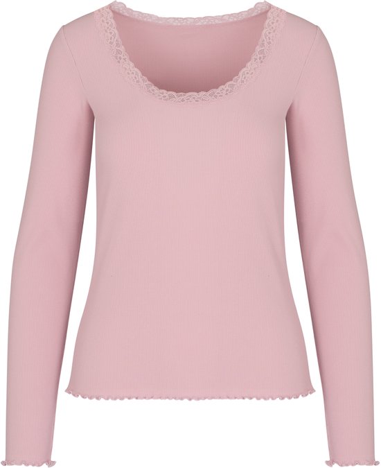 Lichtroze shirt met lange mouwen, ribstof en kanten rand langs de halslijn en onderkant.