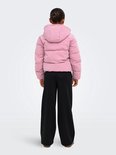 Meisje in roze pufferjack met capuchon en zwarte broek, van achteren gezien.