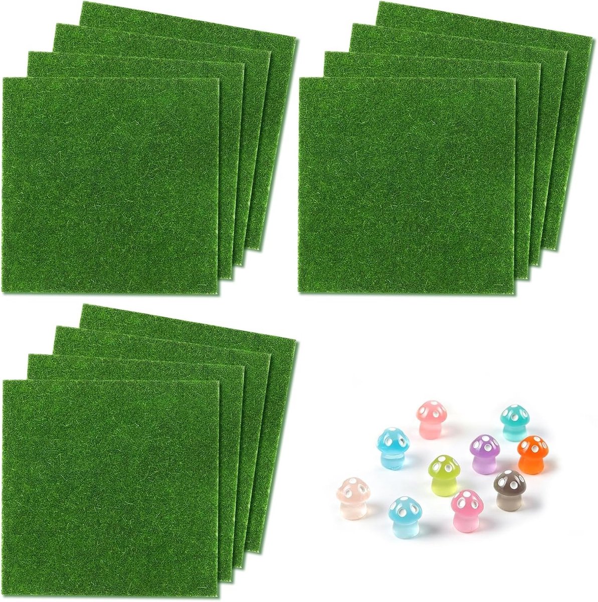 12 stuks miniatuur kunstgras, 15 x 15 x 3 cm, groen decoratief gras met 10 kleurrijke mini-paddenstoelen voor poppenhuis en diorama's