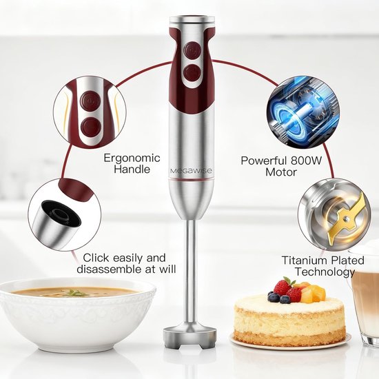 Staafmixer Set - Keukenmixer Garde - Snel Ingrediënten Mixen - 12 Snelheden TURBO - 400W Vermogen - Rood — afbeelding 5