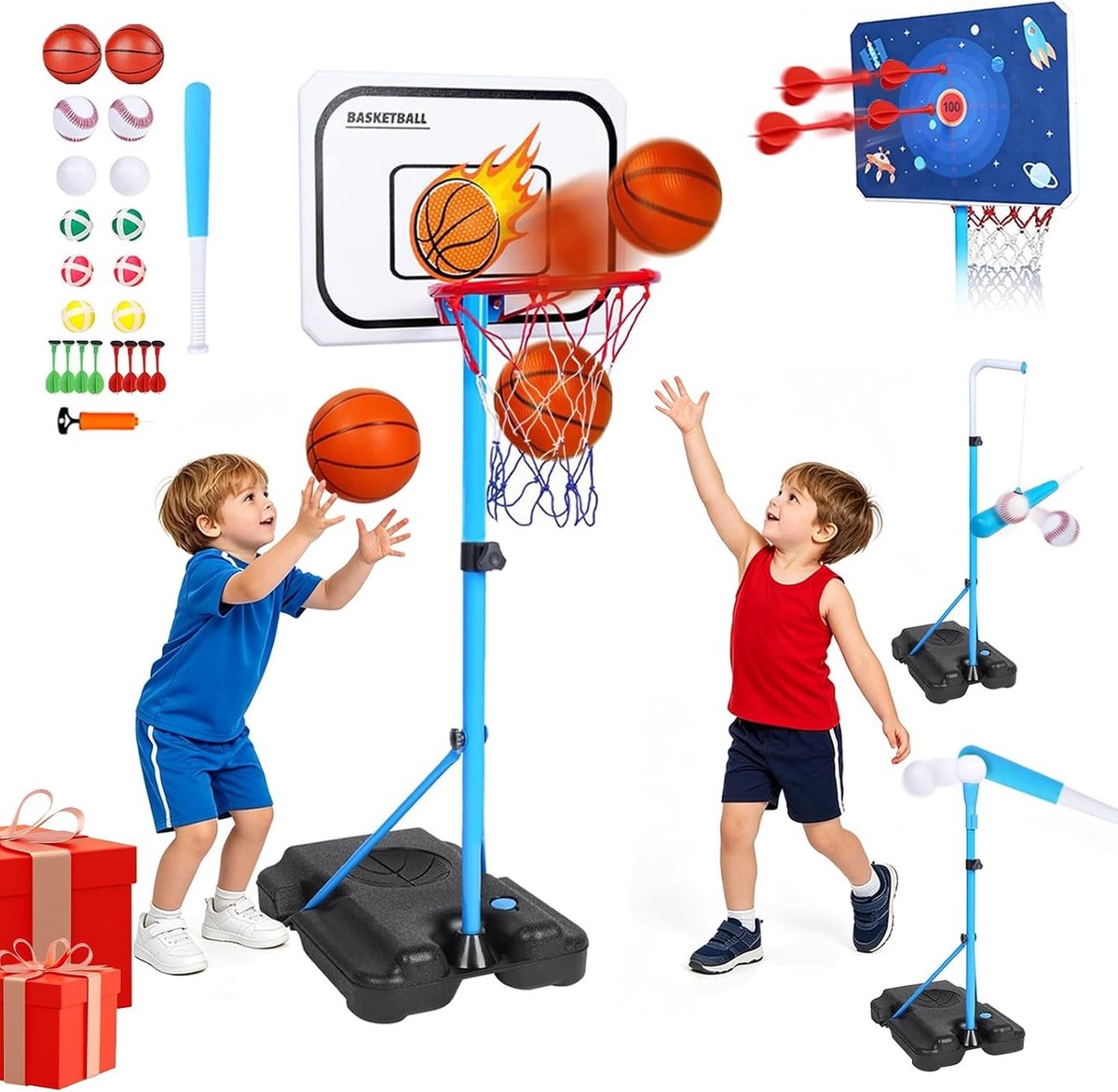 Verstelbare 4-in-1 Basketbalring voor Buiten en Binnen met Dartbord en Honkbalset voor Kinderen, Hoogte 108-160 cm, Ideaal Speelgoed voor Actieve Spelers