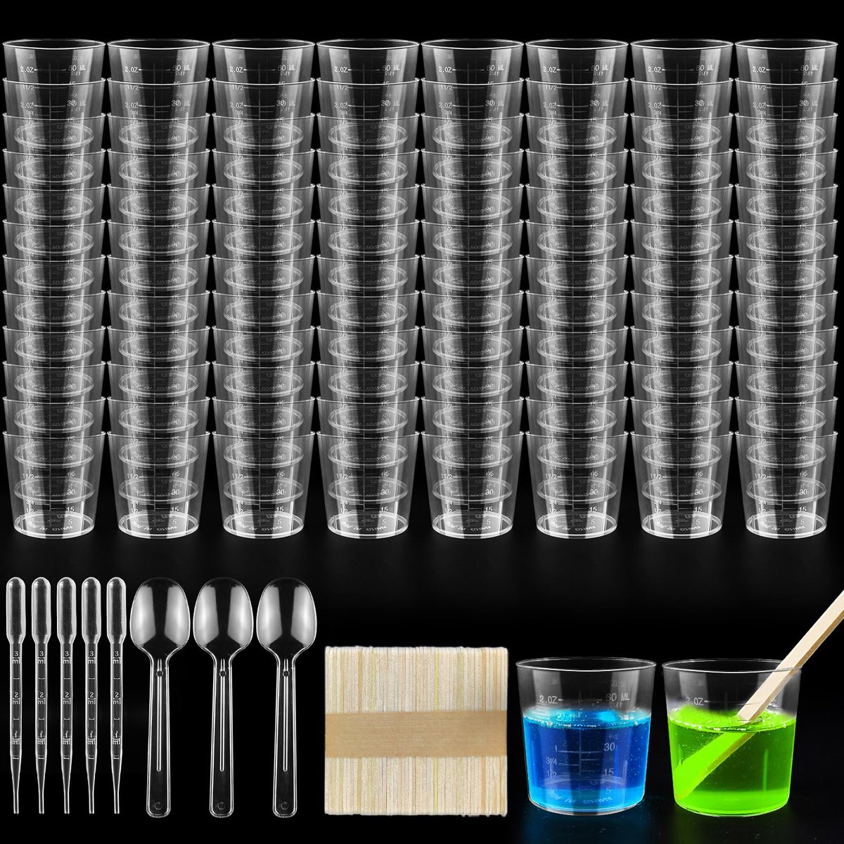 Maatbekers 60 ml - Kunststof Mengbekers - Heldere Bekers met Houten Stokjes - Ideaal voor Bakken en Laboratorium - ShopVlot