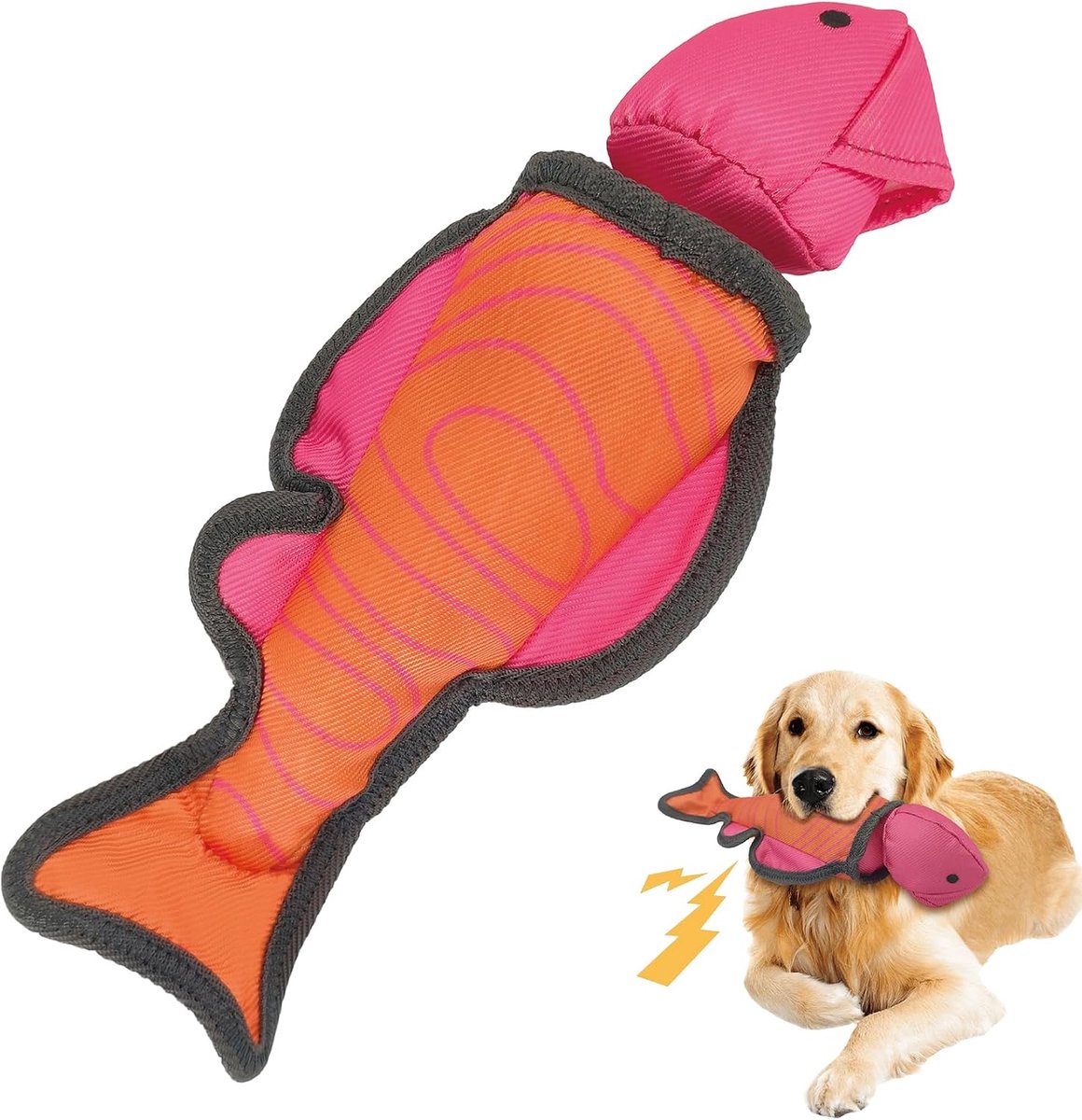 32 cm lange roze-oranje visvormige katapult voor honden, Oxford piepend kauwspeelgoed voor apporteertraining, interactief en duurzaam speelgoed voor middelgrote en grote honden