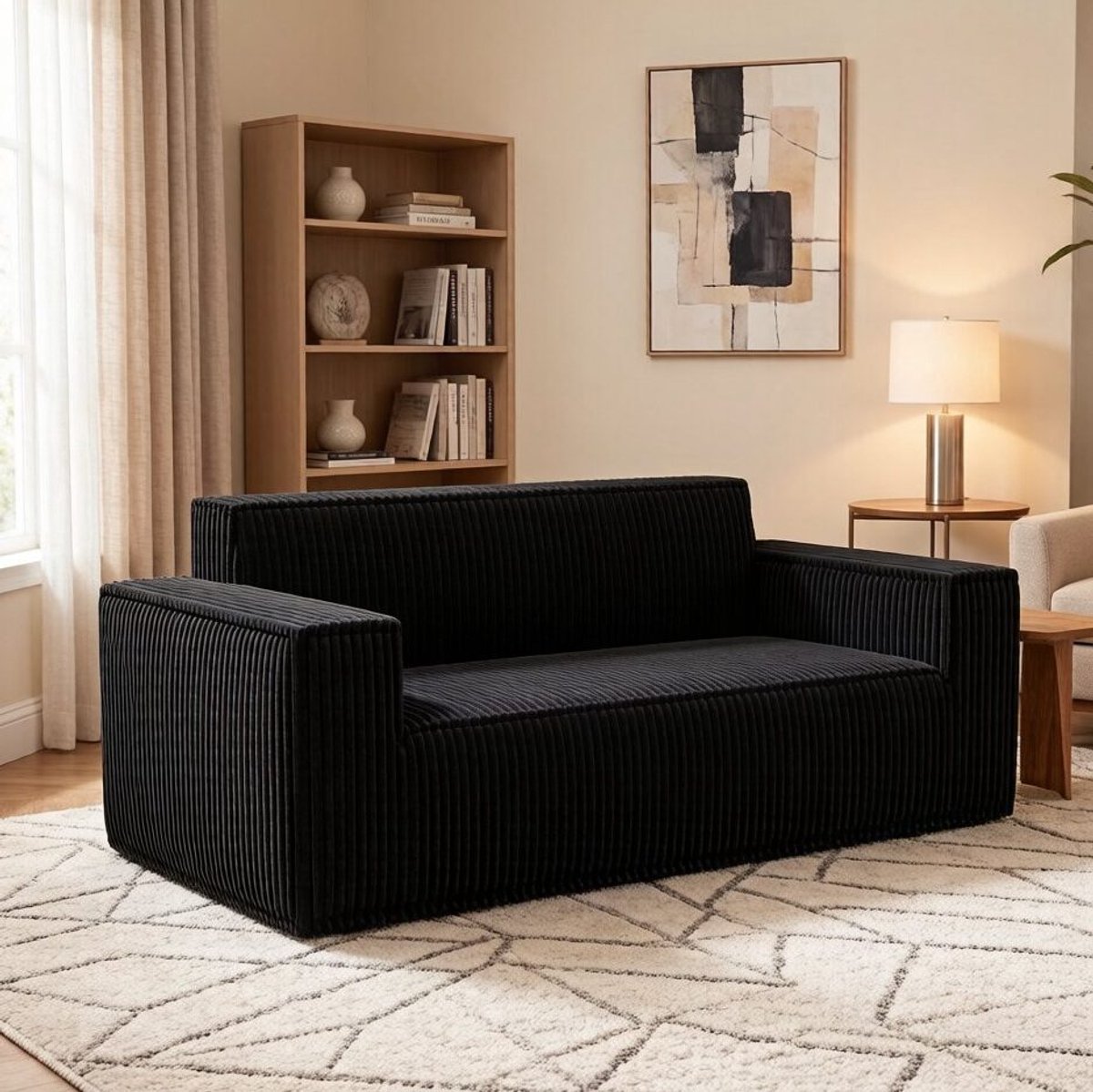 DESMIU Zitbank - 178 Cm - 2-Zits Met Diepe Zit En Zachte Ribstof - Voor Woonkamer, Slaapkamer En Kantoor - Stof - Zwart
