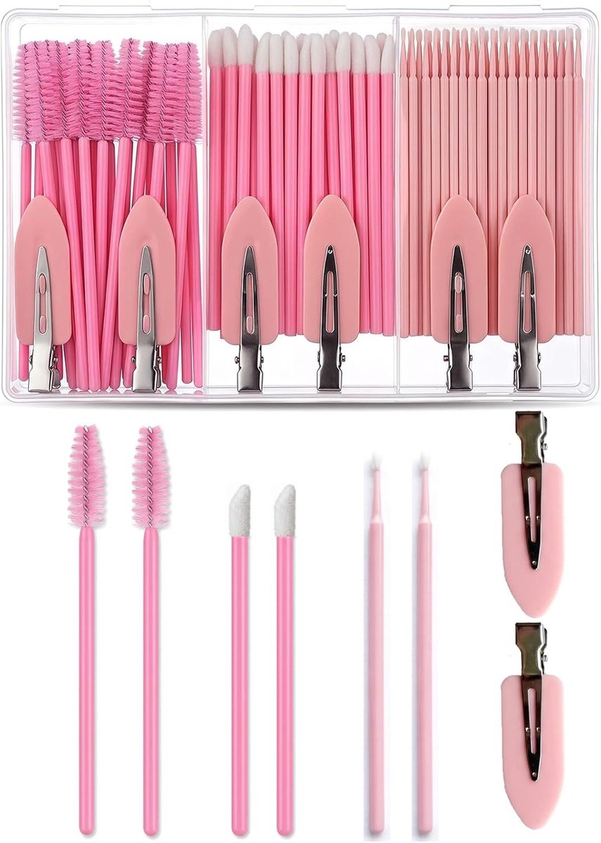 Wegwerp make-up applicators set met 50 wimper- en lipborstels, 100 microborstels en opbergdoos