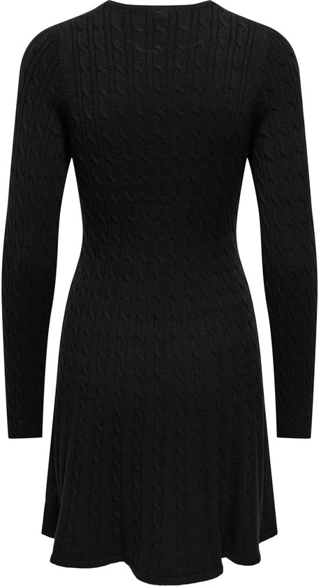 Zwarte gebreide mini-jurk met kabels en lange mouwen, achterkant, zonder model.