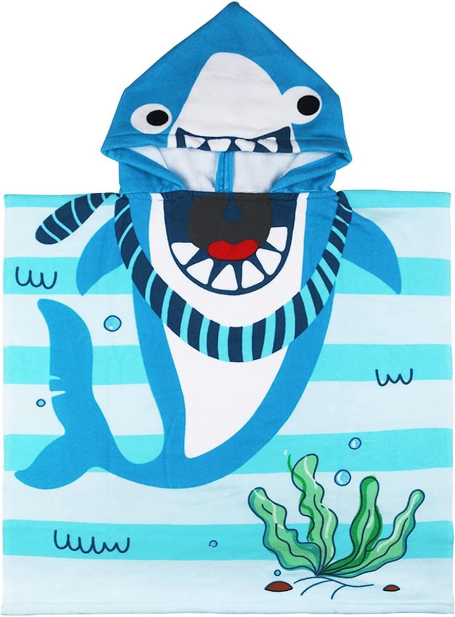 Schattige Cartoon Badponcho voor Kinderen, Zachte en Sterke Absorberende Handdoek voor Jongens en Meisjes (Blauwe Gestreepte Haai)