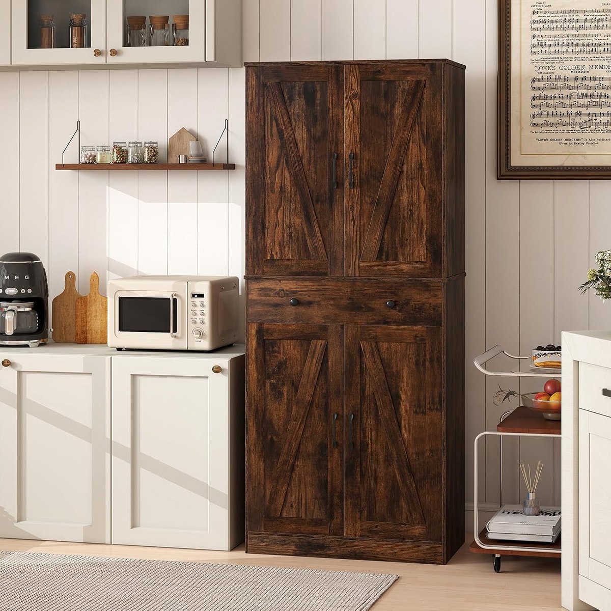 Hoge keukenkast - Voorraadkast - Keuken organiseren - 4 deuren en lade - 77 x 39 x 183 cm - Bruin — cadeau in Cadeau-ideeën - foto 5