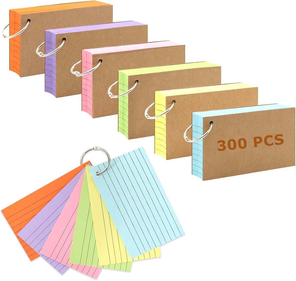 Set van 300 Gelijnde Indexkaarten 7.5 x 12.7 cm - Kraft Papier Notitiekaarten voor Thuis, Kantoor en Werk