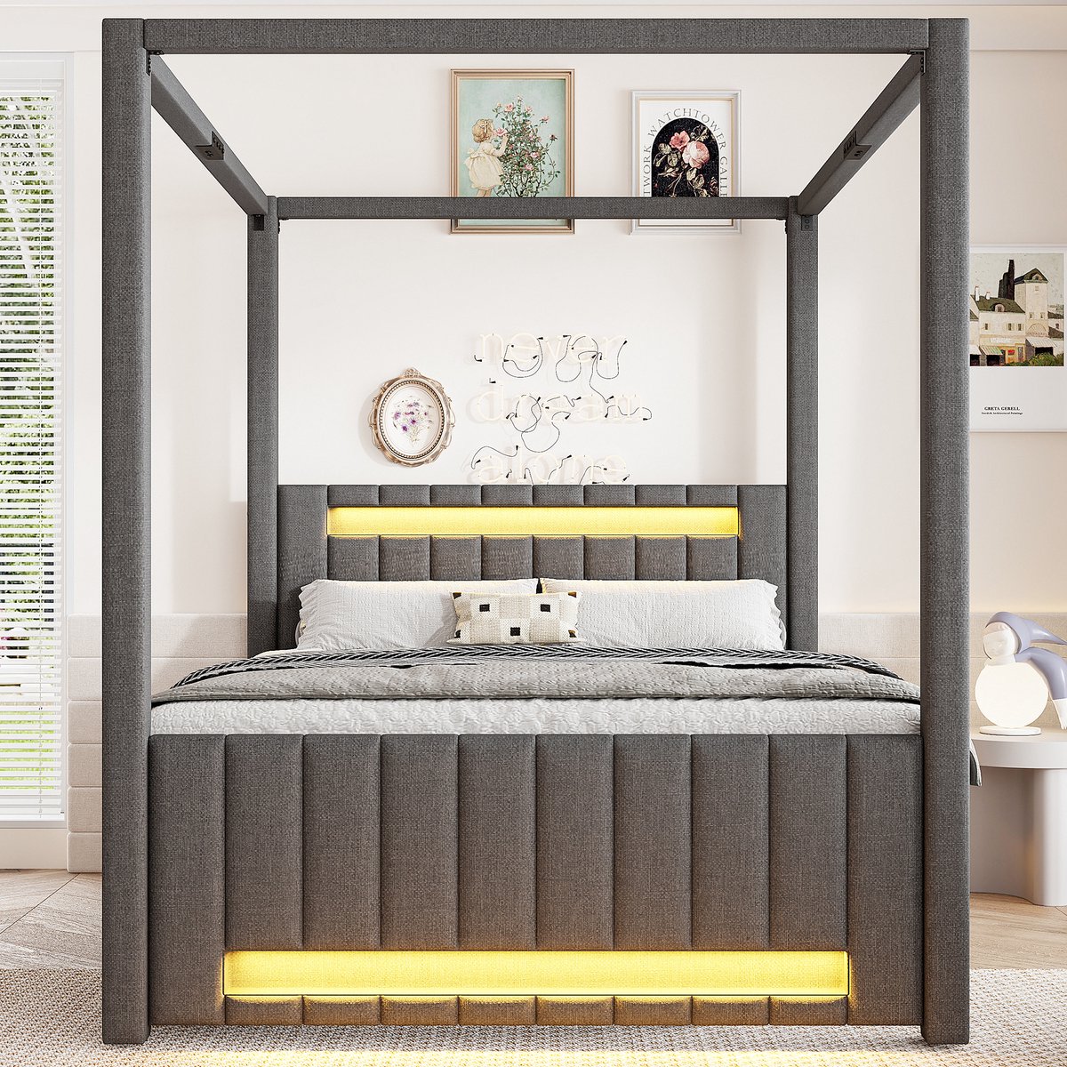 Wishdor Hemelbed 140x200 cm - Gestoffeerd - Met uitklapbed, drie opberglades en LED-verlichting - Grijs - MDF en hout - Voor slaapkamer