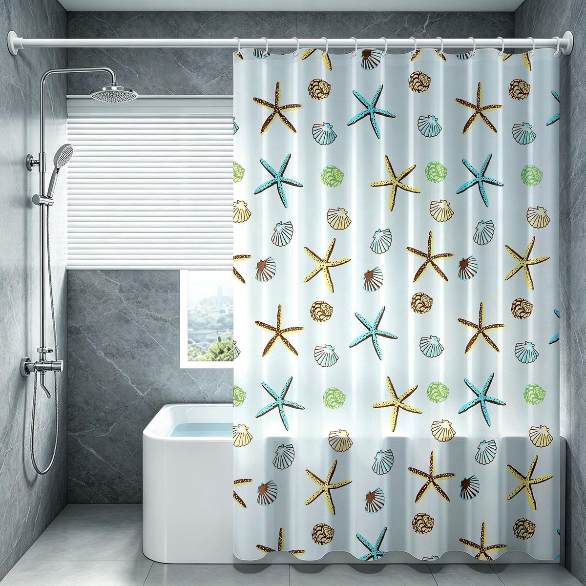 Douchegordijn 180 x 220 cm - blauw kunststof - schimmelbestendig - waterdicht met zeester - ShopVlot