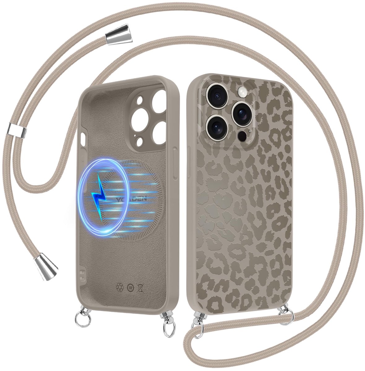 Xylota hoes voor iPhone 16 Pro 6,3 inch - vloeibare siliconen - luipaardmotief - schokbestendig met koord - ShopVlot