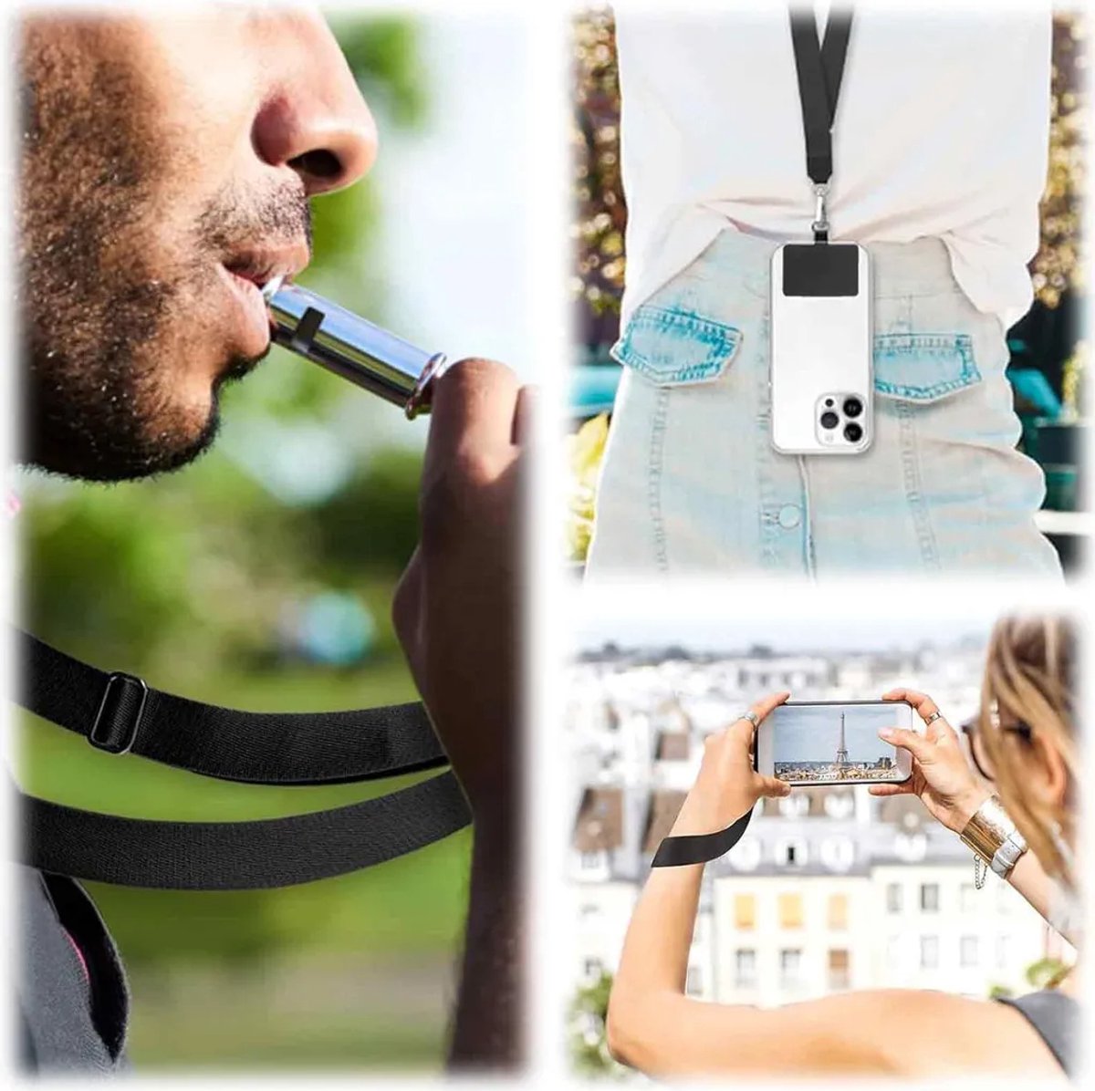 Universeel telefoonkoord, kan om de nek gedragen worden, 2-delige verstelbare nekriem/sleutelkoord, 4 duurzame patches, koord compatibel Geschikt voor alle smartphones, zwart.