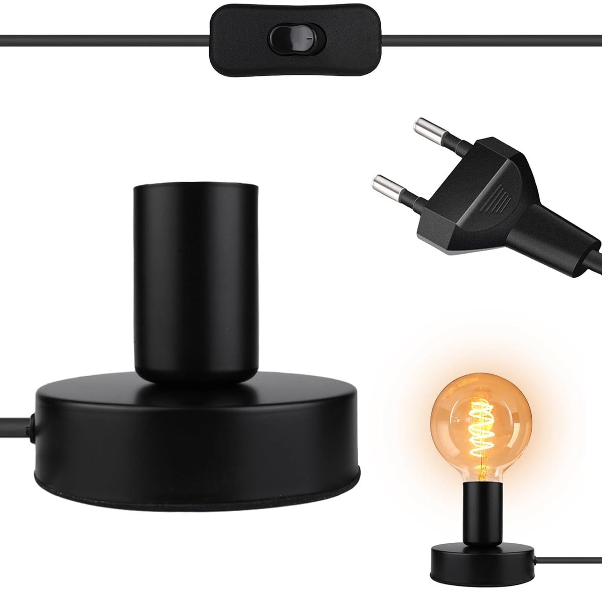 Bureaulamp - Zwart - 10 cm - E27 Fitting met Kabelschakelaar - Voor Thuisverlichting en Decoratie