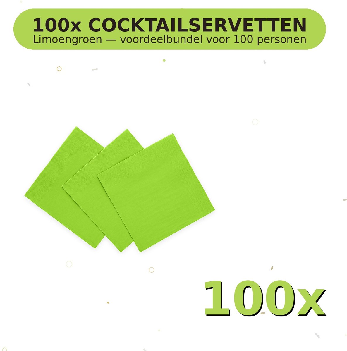 Cocktail servetten 24x24cm FSC Limoengroen - Voordeelverpakking 100 Stuks voor tot 100 Personen - Feestartikelen