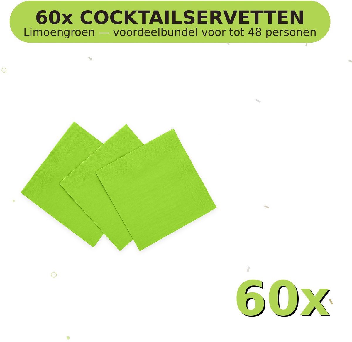 Cocktail servetten 24x24cm FSC Limoengroen - Voordeelverpakking 60 Stuks voor tot 48 Personen - Feestartikelen