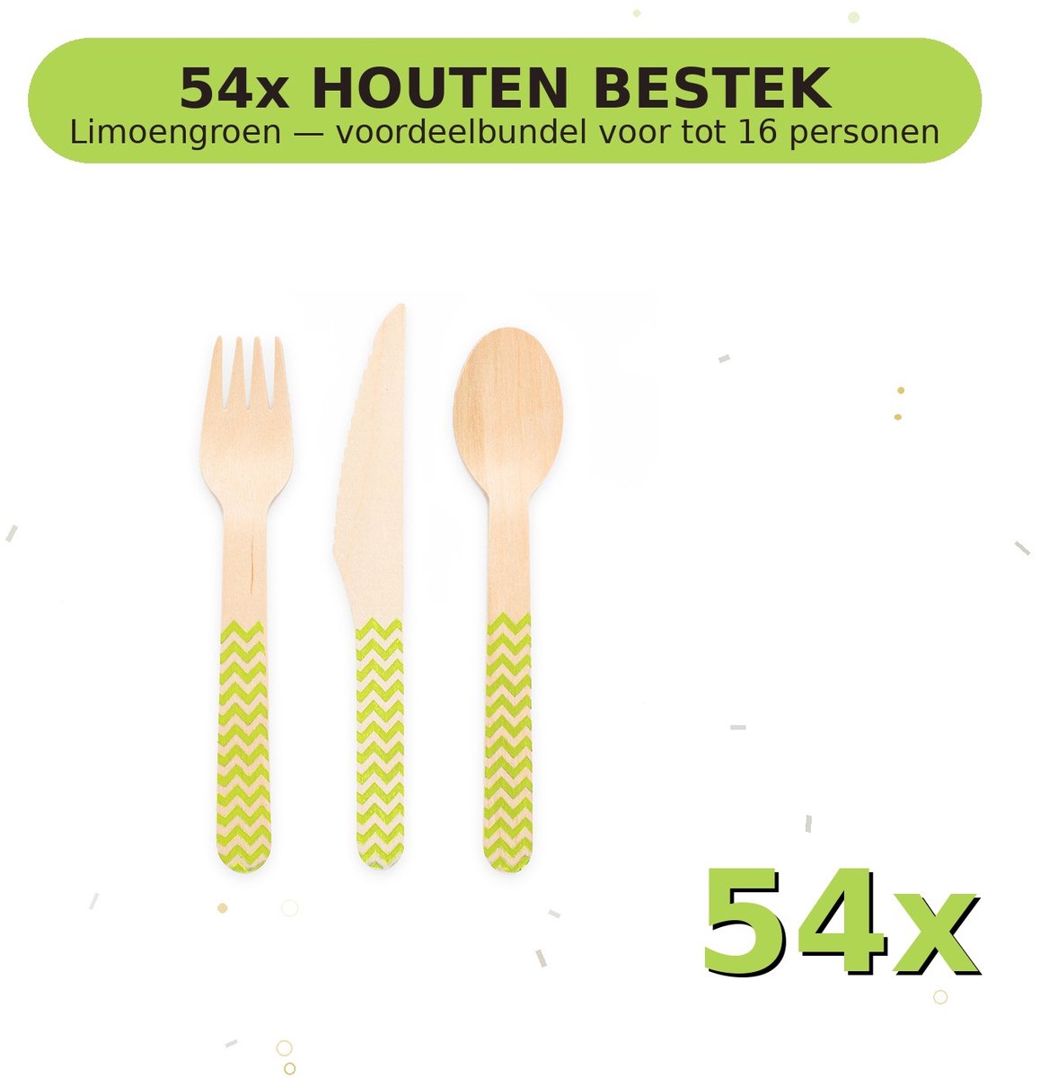 Houten bestek FSC Limoengroen - Voordeelverpakking 54 Stuks voor tot 16 Personen - Feestartikelen