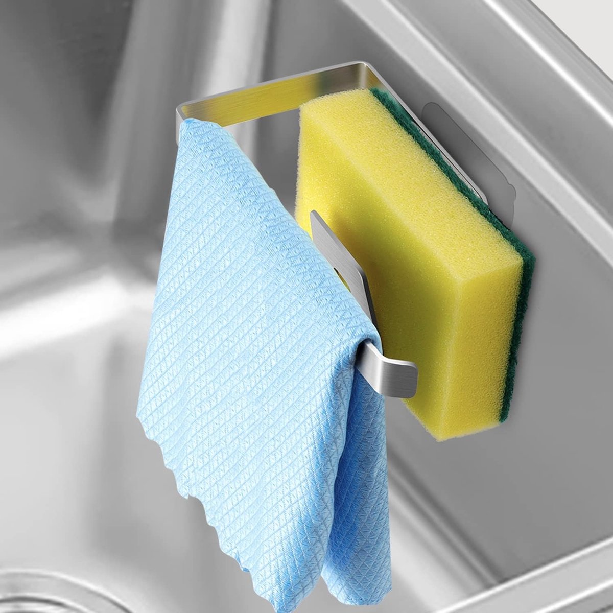 RVS Afwasborstelhouder voor de Keuken - Roestvrijstalen Organizer voor Spons en Afwasdoeken, Geen Boren Nodig, Ruimtebesparend en Praktisch