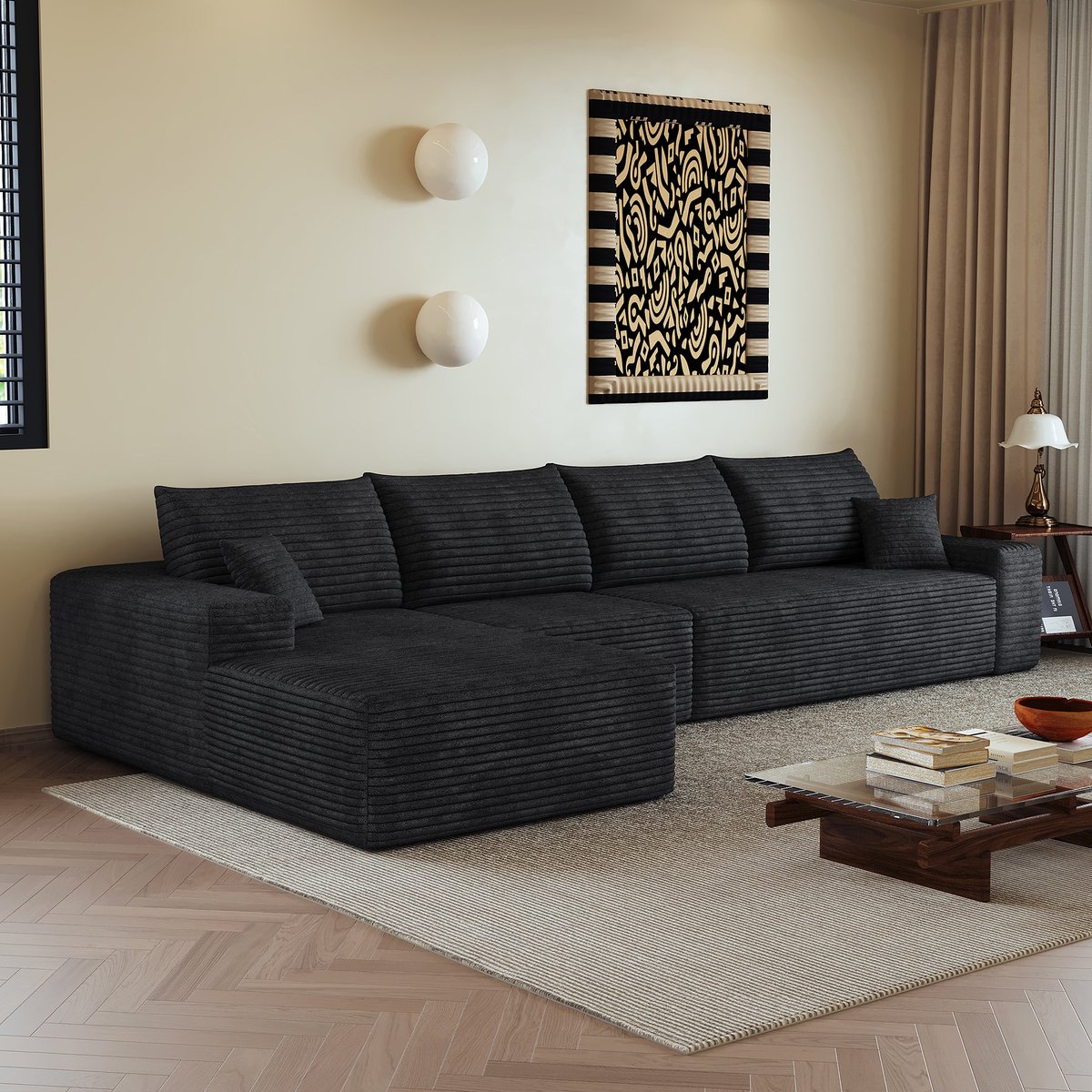 DESMIU Hoekbank 340 Cm - Modulair Met L-Vormige Chaiselongue - Voor Woonkamer En Appartement - Stof Corduroy - Zwart