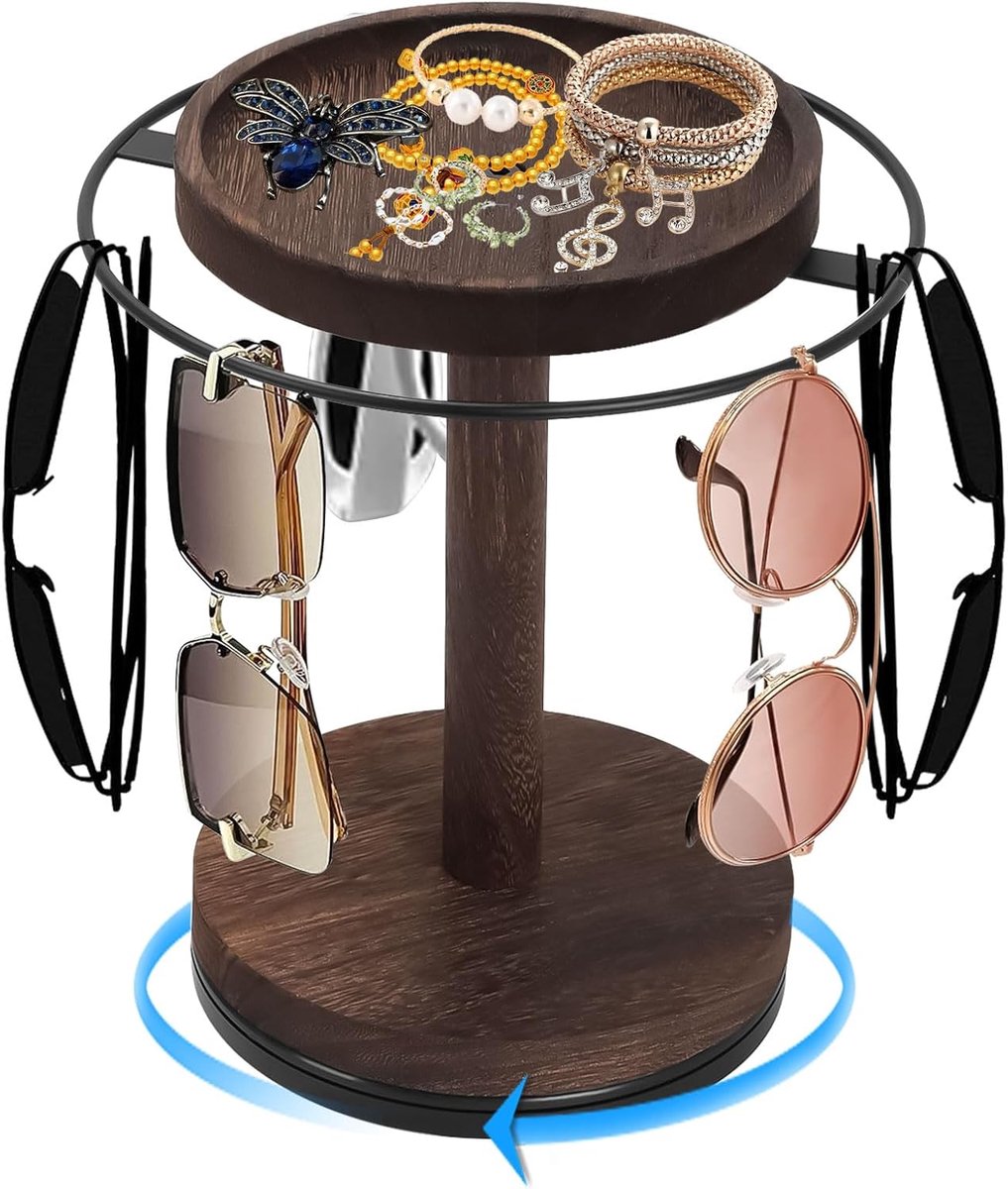 Qivine Glasses Stand for Multiple Glasses, Metal Frame Glasses Holder Table with Wooden Base, 360° Rotating Sunglasses - ShopVlot