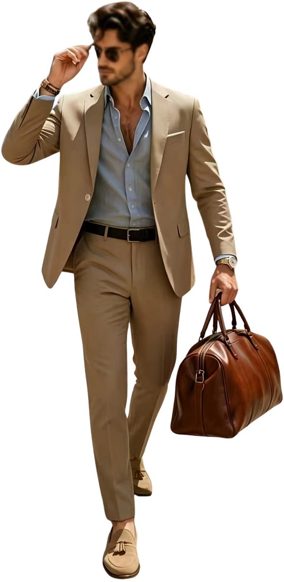 Currero 3 Delig Herenpak Met Overhemd - Suit 2 Delig - Tailored Fit Kostuum - Business Pak - Trouwpak - Smoking - Tuxedo Stijl - Bruiloft, Kantoor & Feest - Geelbruin L