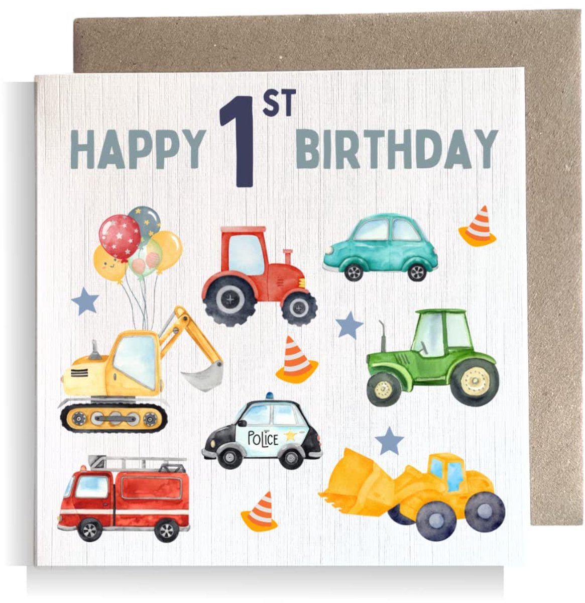 Vierkante kaart 1e verjaardag - tractor auto - voor jongen of meisje - unieke felicitatie - ShopVlot
