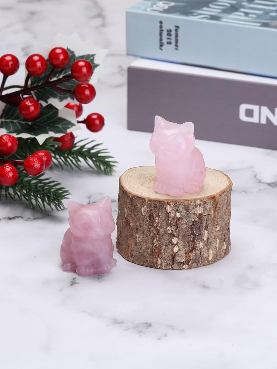 Kat standbeeld rozenkwarts - gesneden edelsteen - geluk brenger - decor voor thuiskantoor - ShopVlot