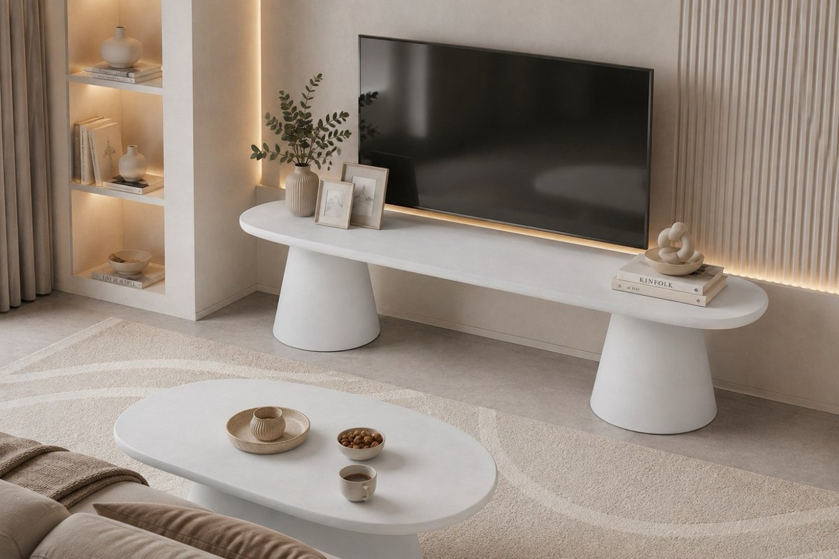 Rousseau Tavira TV-meubel – 160 x 45 x 40 H cm – Cement Ecru – Betonlook