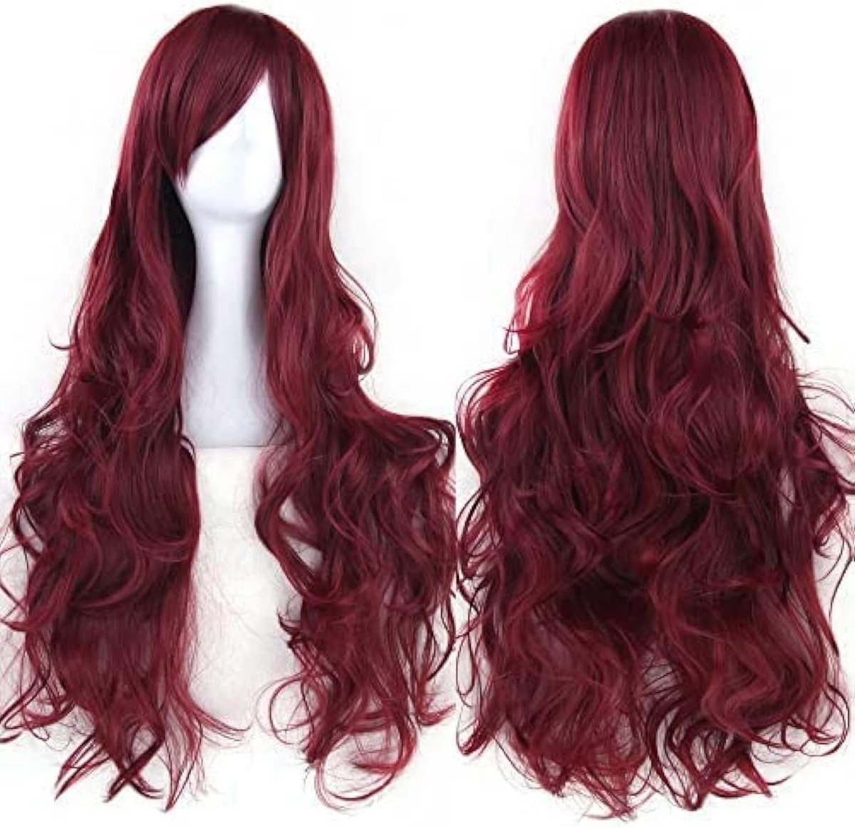80 cm Lange Krullende Natuurlijke Haar Cosplay Peruk met Pony voor Kleurrijke Halloween Kostuums en Feestjes voor Vrouwen (Bordeaux)