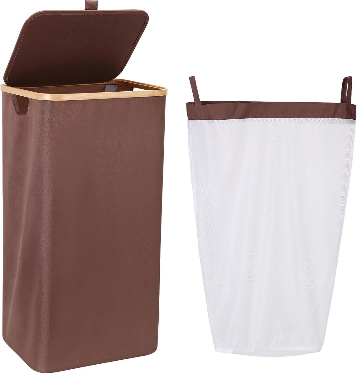 Vuile Wasmand - Bruin - 90L - Opvouwbare Wasbox met Deksel en Bamboe Handgrepen - Voor Gezinnen