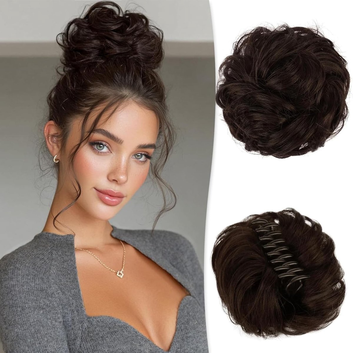 Messy Bun Haarstuk met Krullend Haar, Clip-in Haarextensie voor Updo en Chignon voor Vrouwen (Donkerbruin met 15% Donker Cacao Blond)