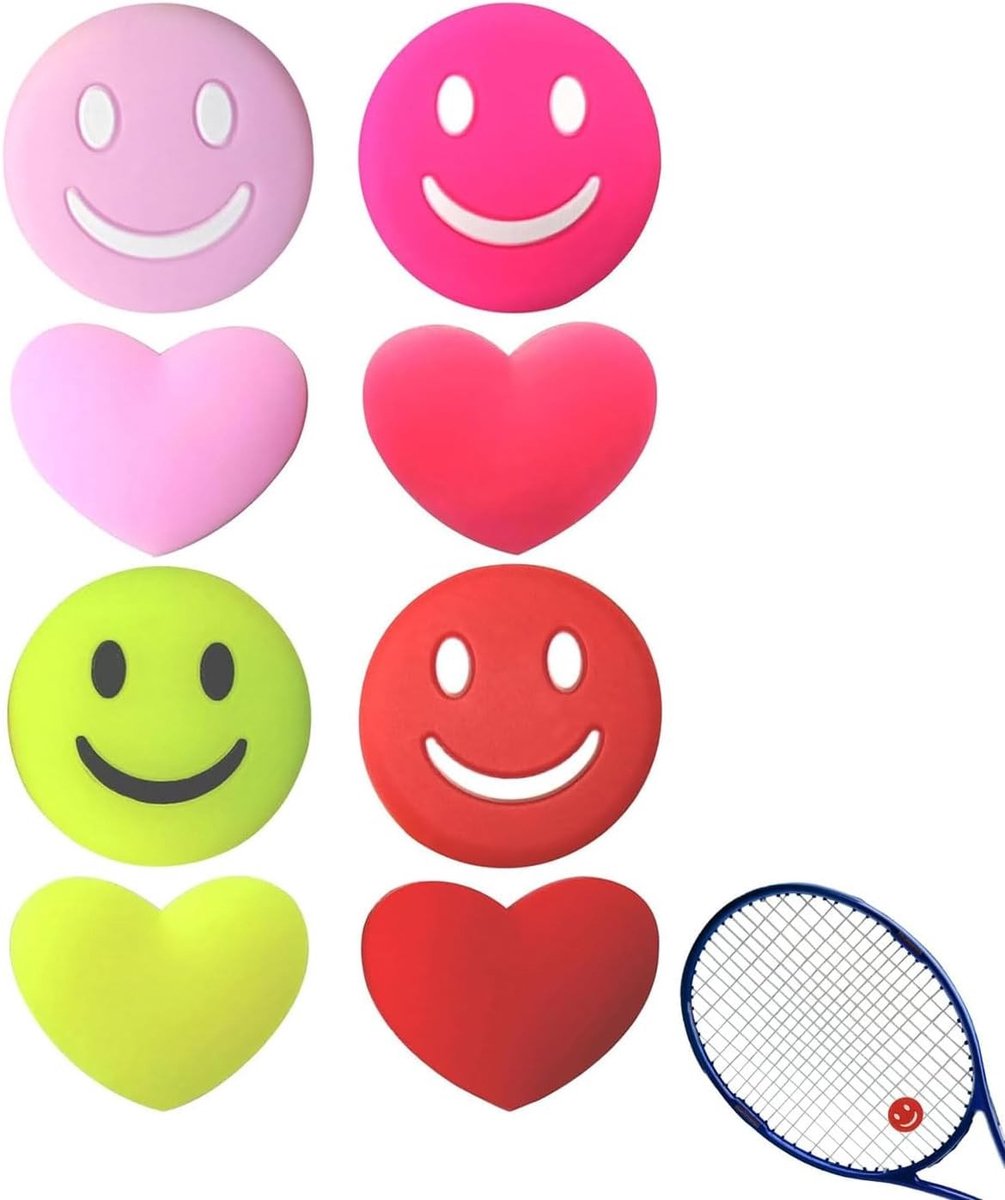 Set van 8 Schokdempers voor Tennisrackets, Vibratiedempers, Siliconen Tennisaccessoires met Vrolijk Gezicht en Hartvorm, Ideaal voor Verbetering van Speelcomfort en Vermindering van Trillingen