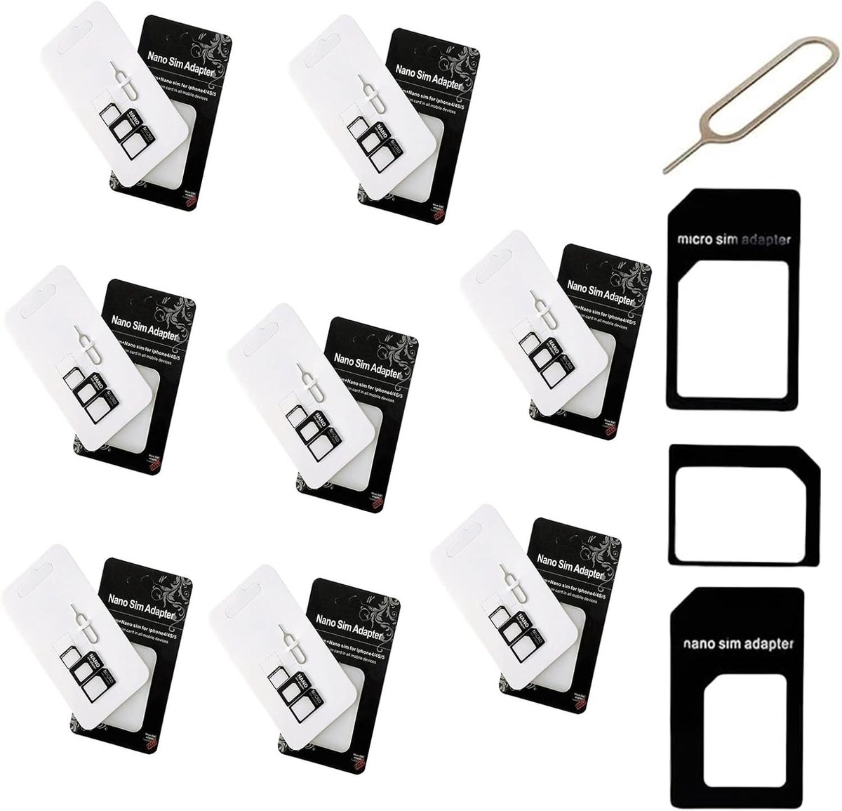 8-delige SIM Kaart Adapter Set, 4-in-1 Converter Tool met Ejector voor Mobiele Telefoons en Laptops, Geschikt voor Nano, Micro en Standaard SIM Cards