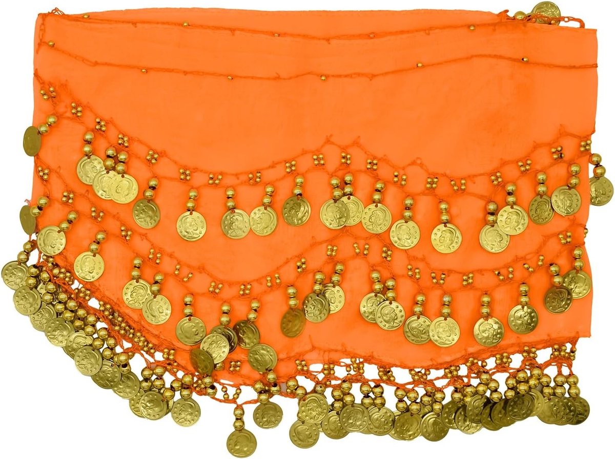 Elegante heupdoek voor buikdansen met 128 gouden munten, perfect voor danskostuums en danslessen voor vrouwen en meisjes