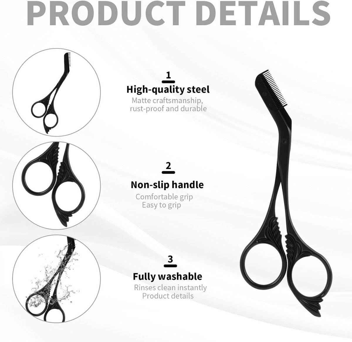 Professionele wenkbrauwschaar met precisietrimmer en kam voor perfecte wenkbrauwvorming, roestvrijstaal, antislip en gezichtsverzorging voor mannen en vrouwen