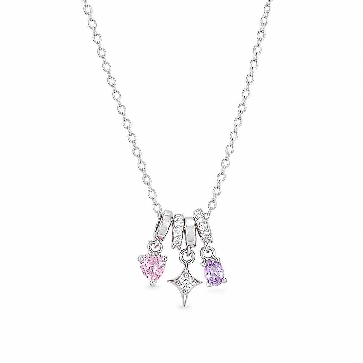 Ketting Meisje- Meisjes Ketting Diamant- Ketting Strass- Roze- Paars- Roestvrij Staal- Ketting met Hartje - Ketting met Roze Paars Hanger- Zilver- Kinderketting met hartje- LiLaLove