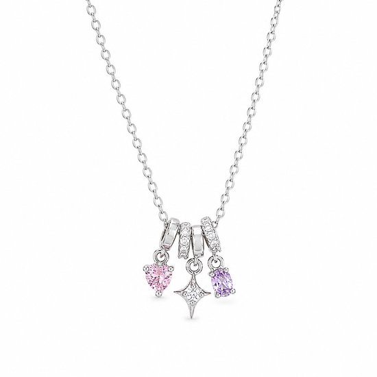 Zilveren ketting met drie bedeltjes: een roze hartje, een ster met zirkonia en een paarse rechthoekige steen.
