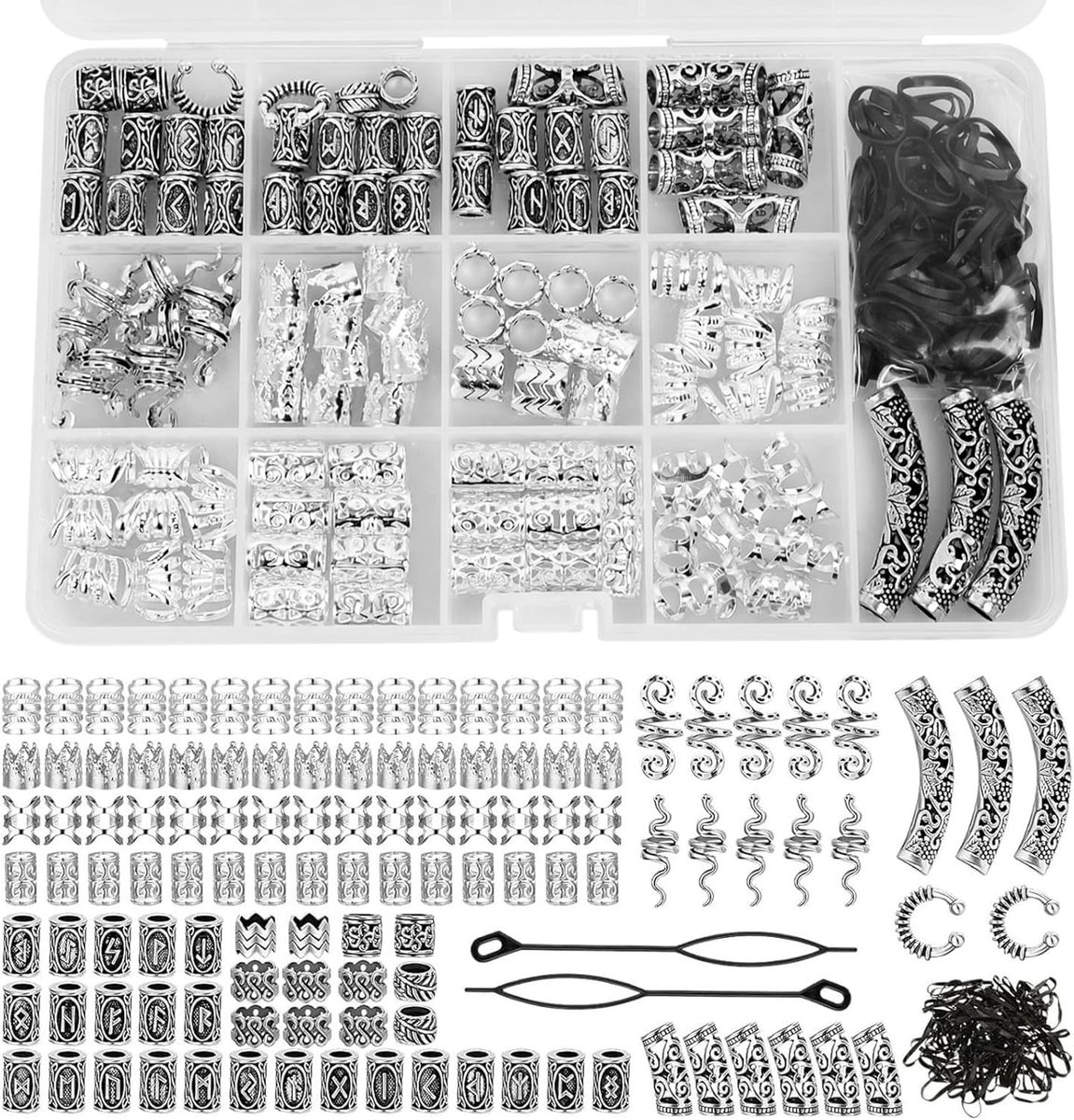 219 stuks baardkralen en haarkralenset met Scandinavische runen, dreadlock sieraden en DIY decoratie voor haar en baard