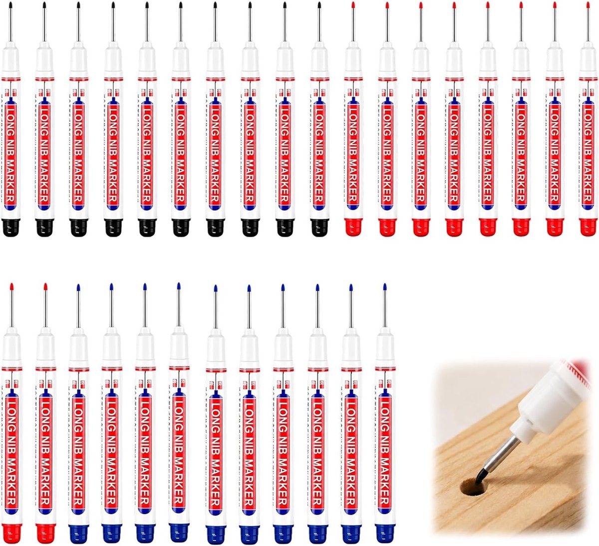 Markeerstiften voor diepe gaten - 30 stuks waterdichte boorgatmarkers met extra lange punt voor hout, kunststof en metaal (zwart, blauw, rood)