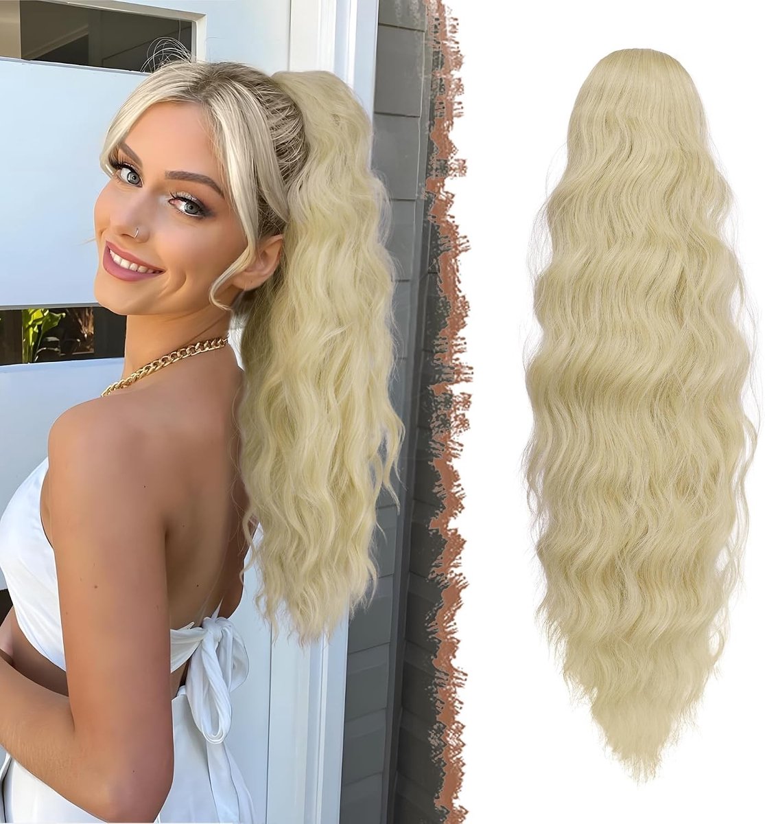 Lang Krullend Ponytail Haarstuk met Kam - 60 cm Asblonde Haarextensions voor Vrouwen, Perfect voor Feestjes en Dagelijks Gebruik