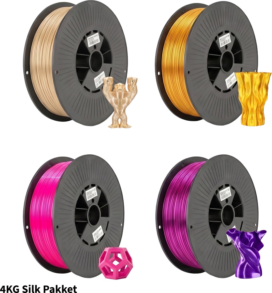 3Dvoordeel.nl Silk pakket 4kg 3D Printer Filament 1.75 mm - Hoge Kwaliteit en Duurzaam - Compatibel met Creality, Bambu Lab, Esun en Andere 3D Printers - Voor 3D Printen van Prototypes, Modellen, Accessoires - voor Professioneel en Thuisgebruik