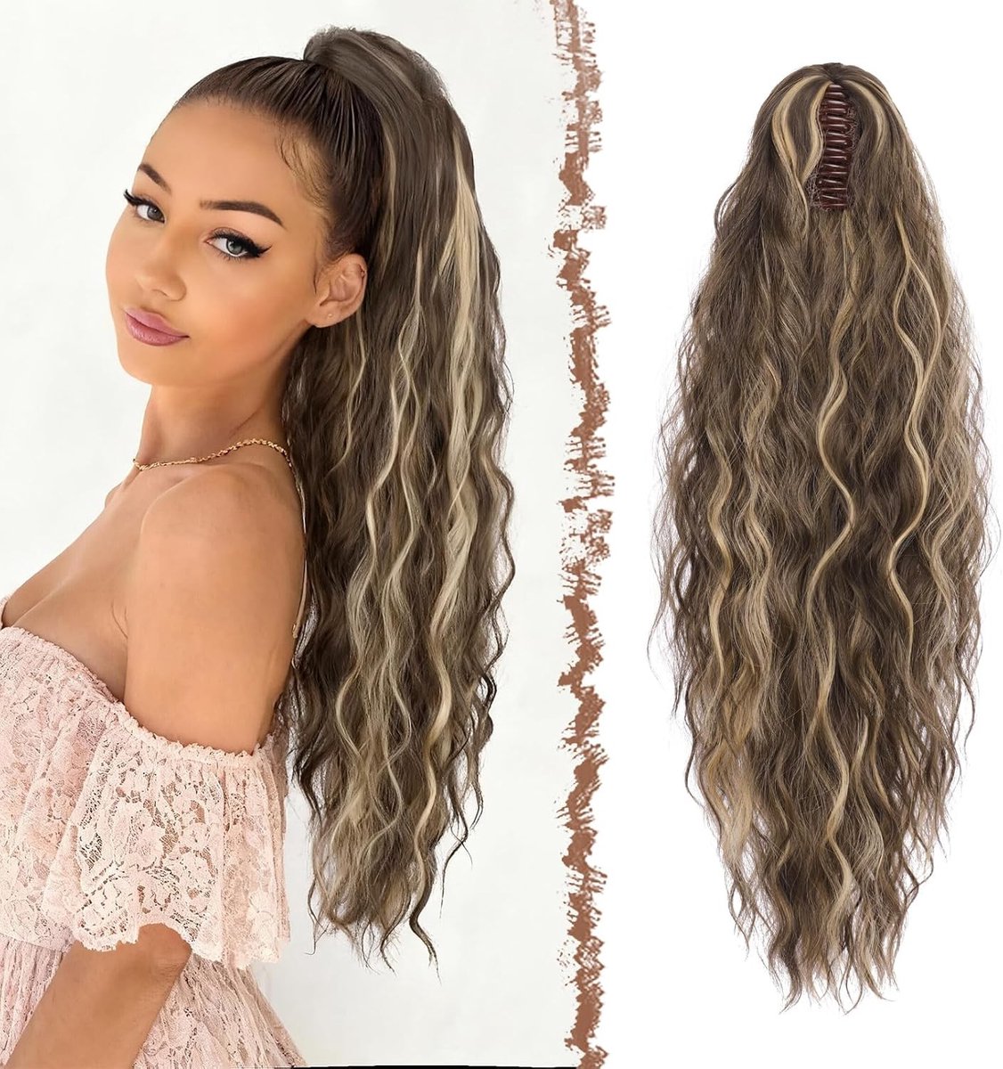 Ponytail Extensions Lang Krullend Haar met Klamma voor Vrouwen - Synthetische Haarstukken in Maroon en Asblond, 65 cm Lang