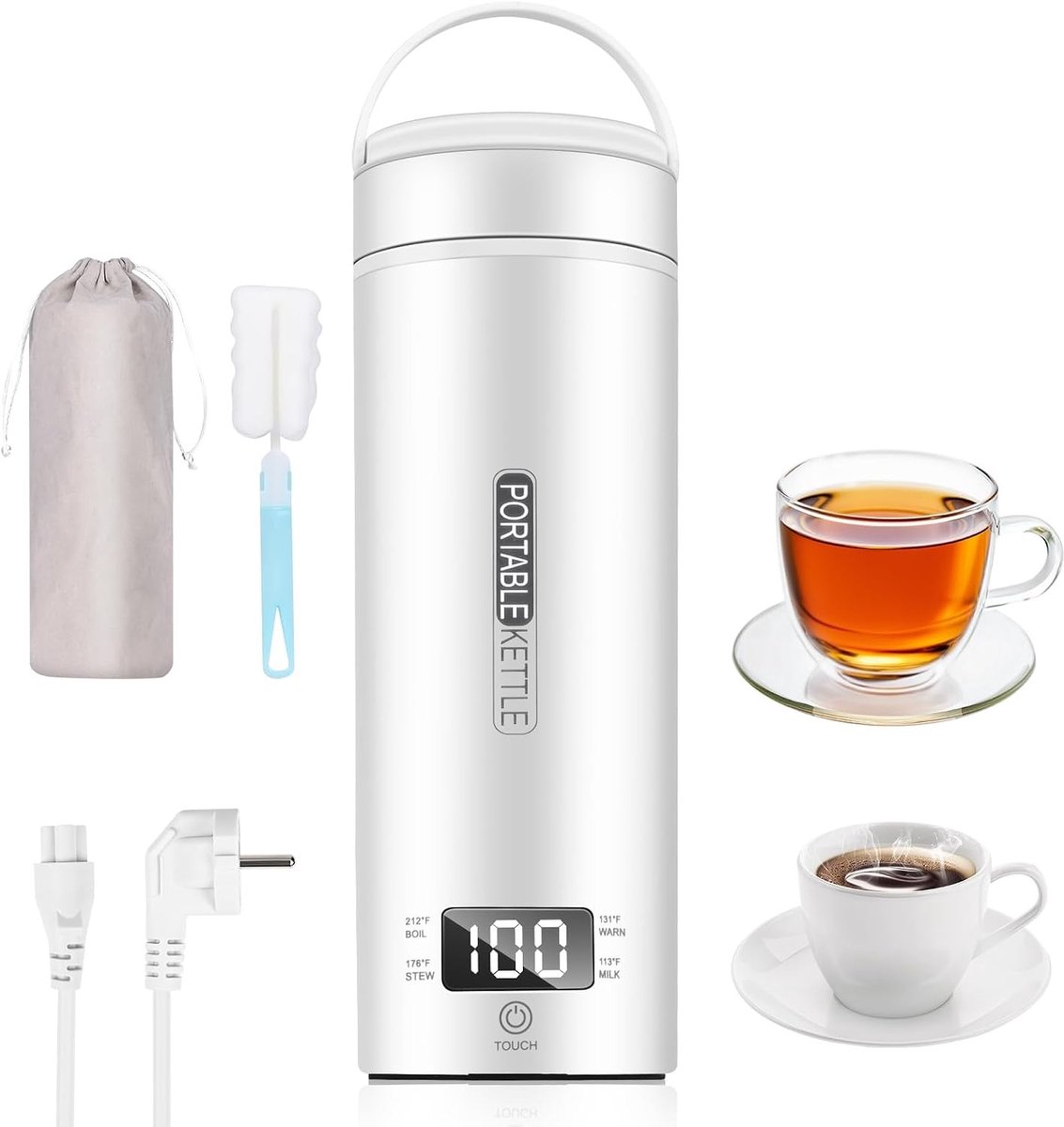 Draagbare Elektrische Reiswaterkoker - Wit - 450 ml - Roestvrij Staal - Voor Thee en Koffie