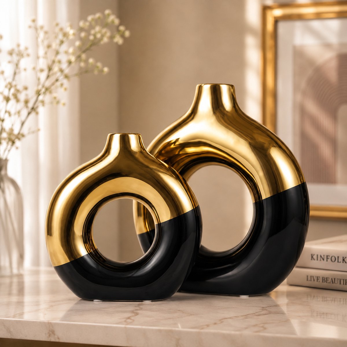 Set van 2 zwart-gouden keramische bloemvazen - ronde donutvormige decoratieve vazen voor pampasgras en bloemen, modern boho-design voor op tafel of schouw