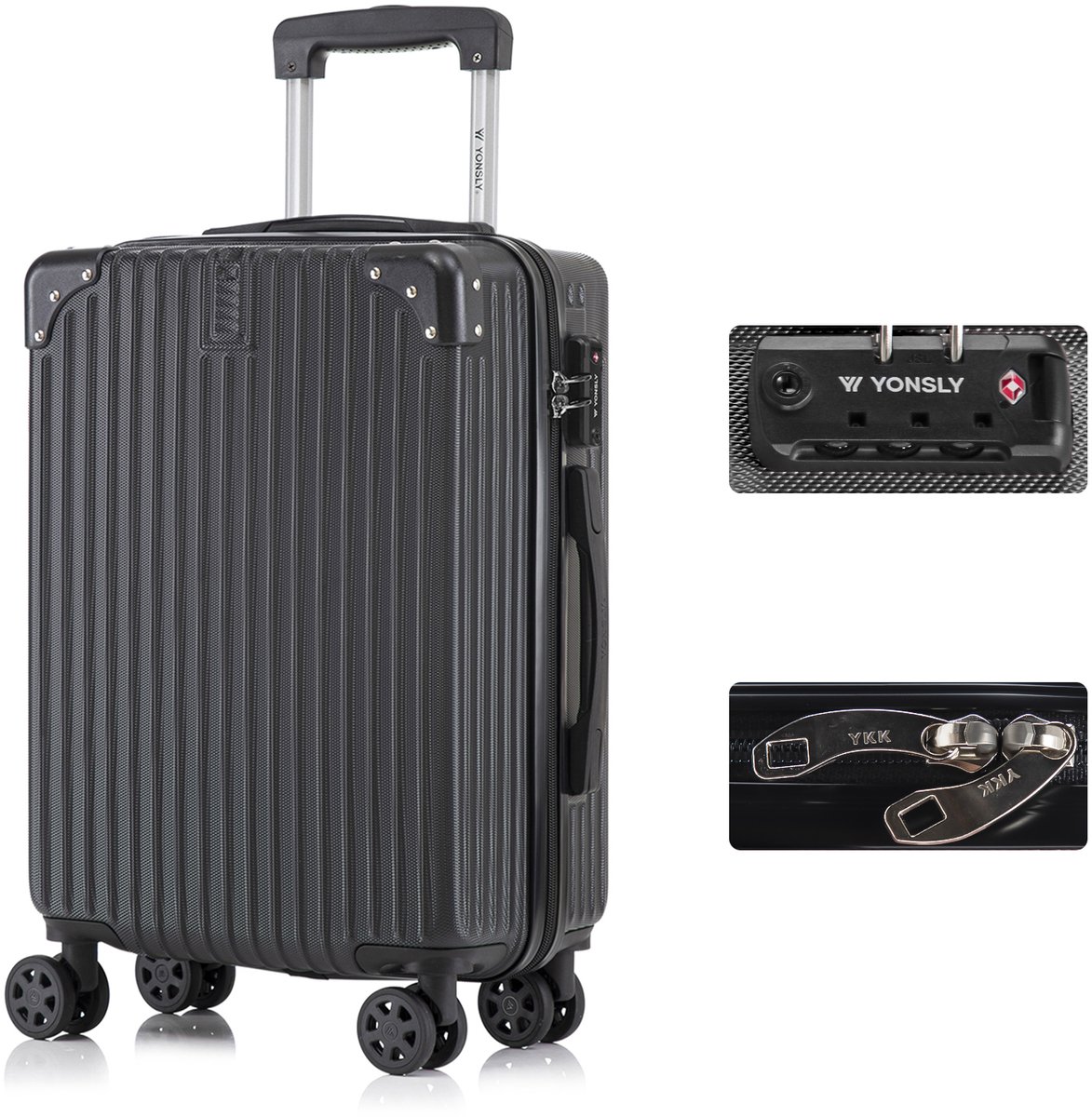 YONSLY Handbagage Koffer - 55cm - 40 L - TSA Slot - YKK Rits - 360° Draaibare Wielen - Zwart