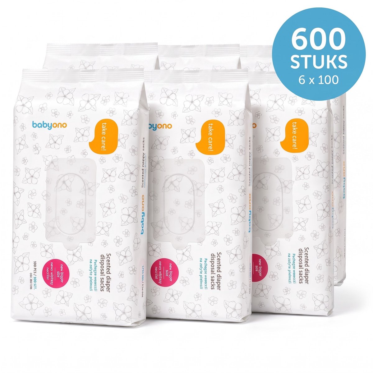 Babyono Luierzakjes met Geur - Voordeelverpakking 600 Stuks (6x100) - Geparfumeerde Wegwerpzakjes voor Luiers en Babydoekjes - Hygienisch & Fris - Voordeliger per Stuk - Blauw