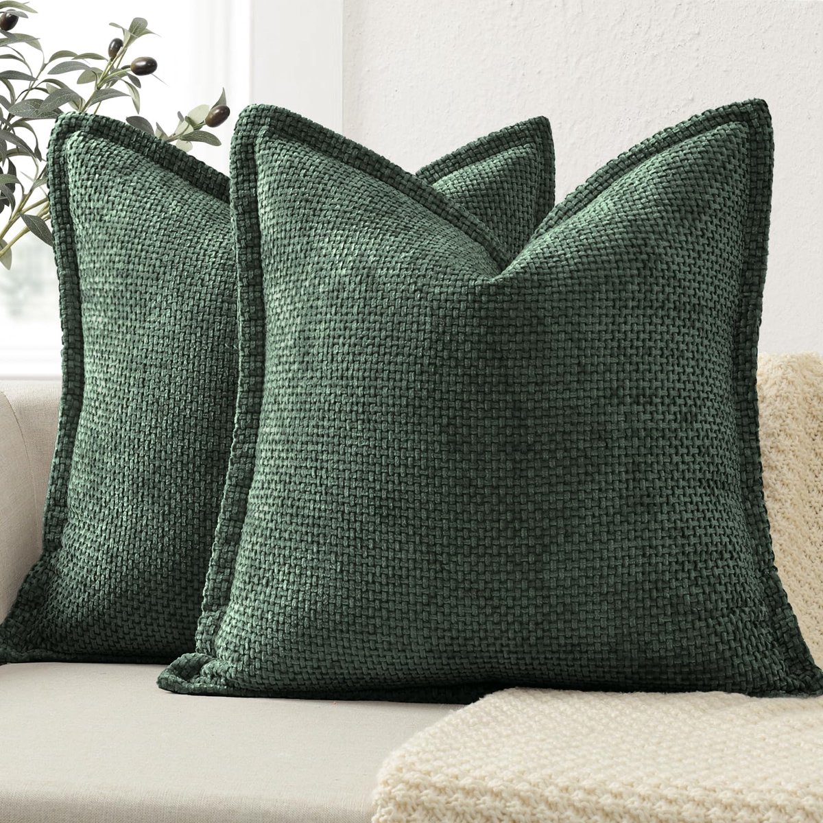 Kussenhoezen 45x45 cm - Donkergroen Chenille - Decoratieve Rand - Luxe woondecoratie - ShopVlot