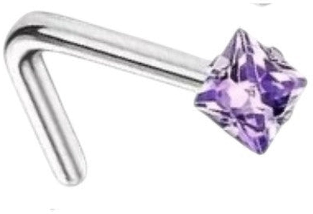 Stalen neuspiercing vierkante zirkonia 2mm -L-staafje - Paars-nosestud