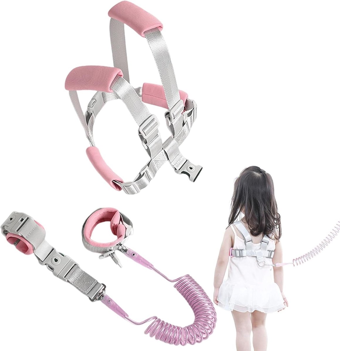 Baby Anti-verliesriem voor Kinderen, 2-in-1 Loopharnas met Veiligheidsband en Ontgrendelbare Polsband, Ideaal voor Wandelen en Veiligheid (Roze)