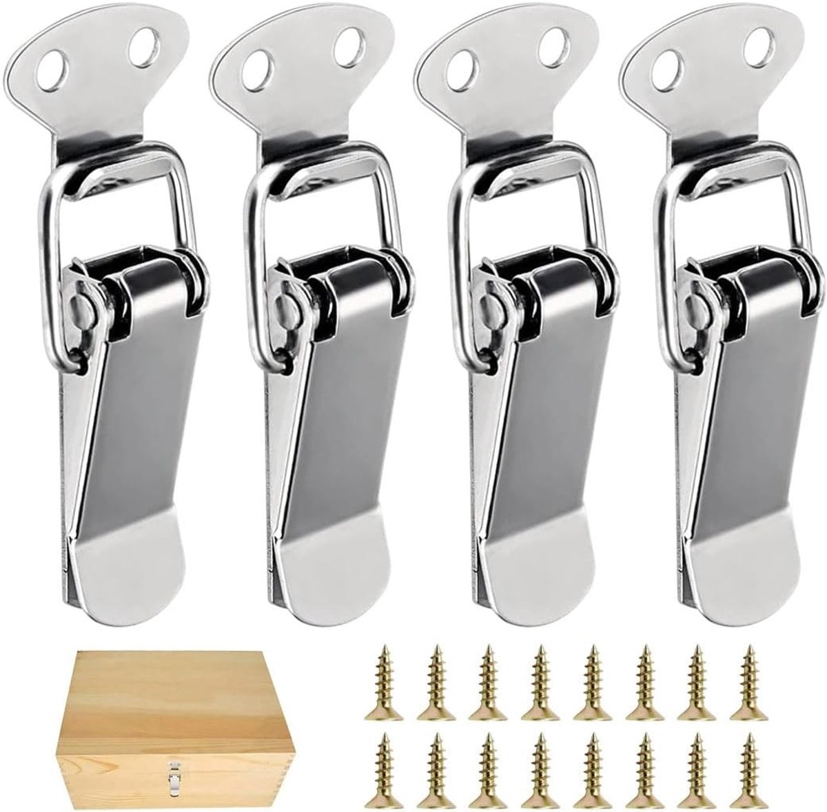 Veerspansluitingen van koudgewalst staal, zilver, 72 mm x 16 mm - Set van 4 voor deuren, kasten en koffers met 16 schroeven